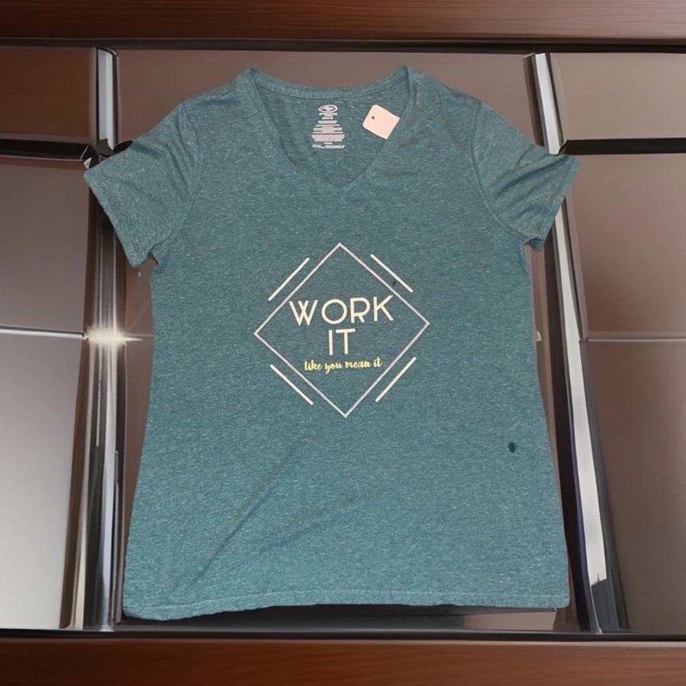 Athletic Work “Work It Like U Mean It” Baby Blue V-Neck Short Sleeve T-Shirt